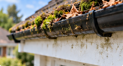 A gutter full of leaves and moss before cleaning