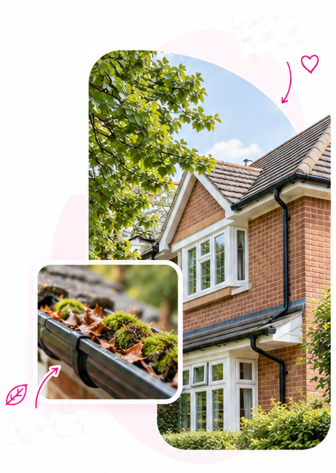 A brick home with trees close to its guttering, and leaves and moss building up in a gutter.